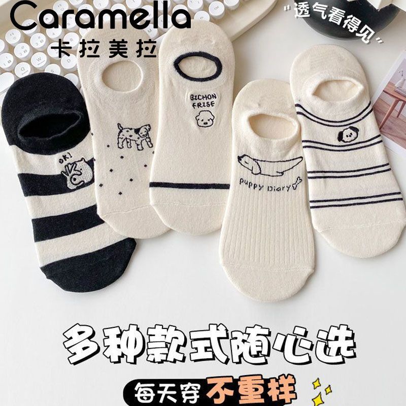 Caramella船袜女夏季薄款黑白条纹小狗袜纯棉浅口防滑爱分享-fenxiang爱分享