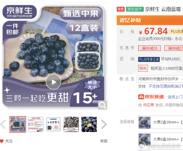 京东 从直播间购物袋领99-10券 领99-27券 京鲜生 云南蓝莓 12盒15mm+装 - 线报酷 京东 从直播间购物袋领99-10券 领99-27券 京鲜生 云南蓝莓 12盒15mm+装 - 线报酷